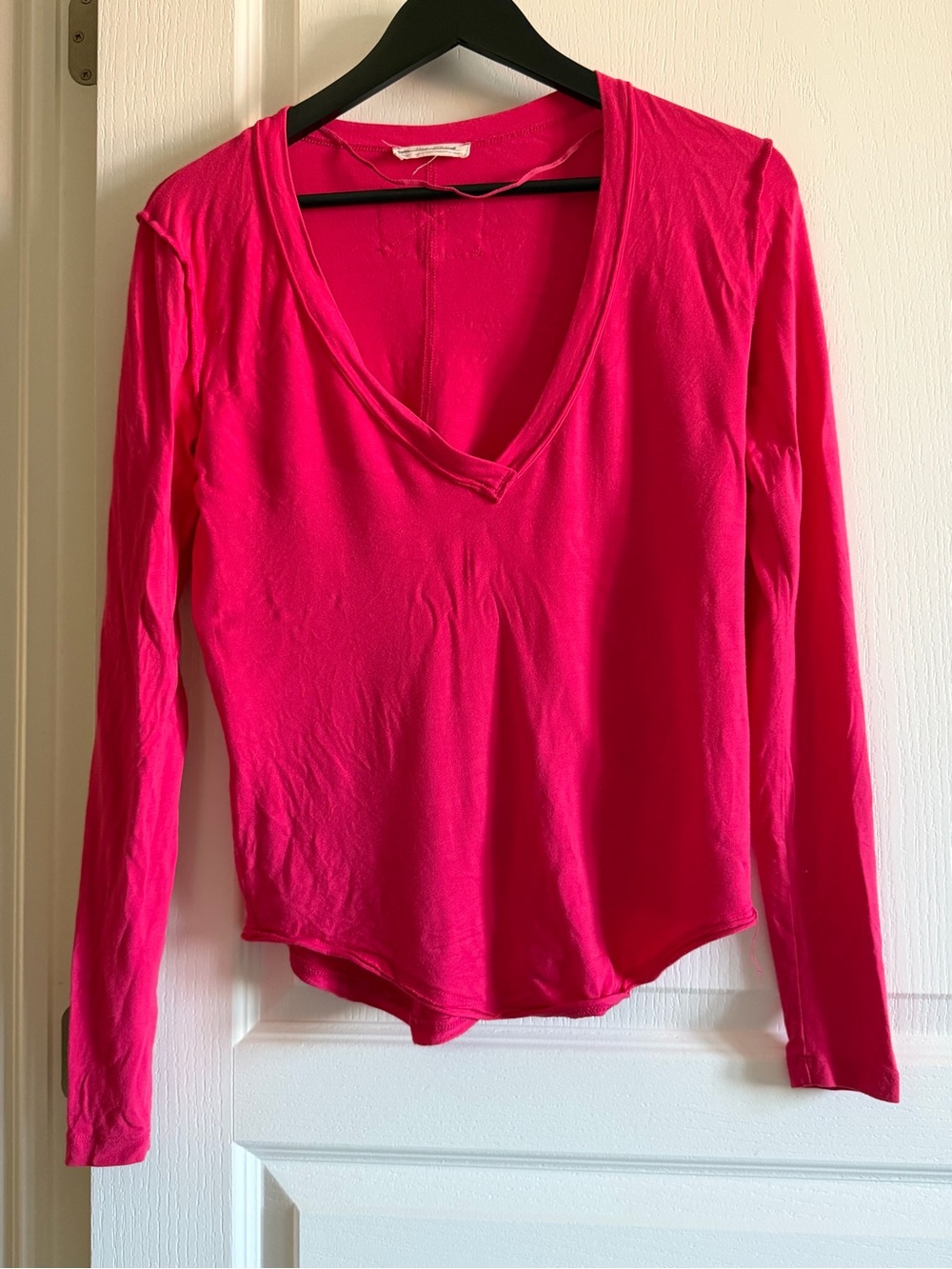 Free People Bright Pink V-Neck Long Sleeve Tee